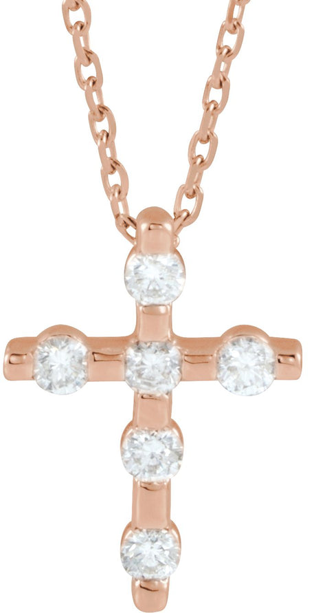 14K Gold Round Natural Diamond Accented Cross Necklace or Pendant – up to 0.08 CTW - Rose Gold