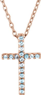 14K Gold Round Natural Aquamarine Petite Cross Necklace or Pendant - Rose Gold