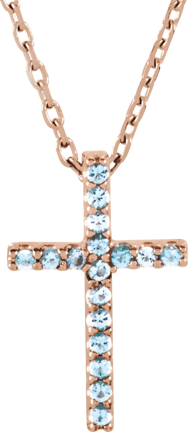 14K Gold Round Natural Aquamarine Petite Cross Necklace or Pendant - Rose Gold
