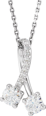 14K Gold Round Natural Diamond Two-Stone Necklace or Pendant - White Gold