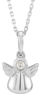 14K Gold Round Natural Diamond Youth Angel Necklace - White Gold