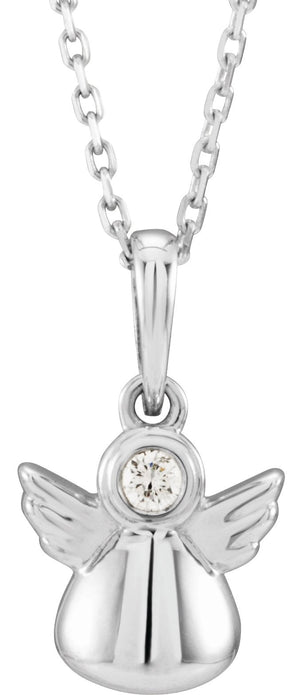 14K Gold Round Natural Diamond Youth Angel Necklace - White Gold