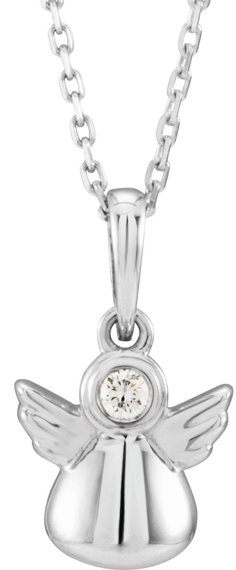 14K Gold Round Natural Diamond Youth Angel Necklace - White Gold