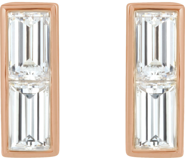 14K Gold Straight Baguette Natural Diamond Baguette Bezel-Set Bar Earrings - Rose Gold - view 2
