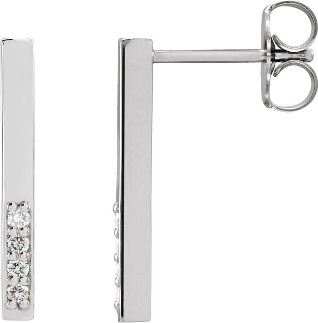 14K Gold Round Natural Diamond Accented Bar Earrings – 1.3mm Stones - White Gold