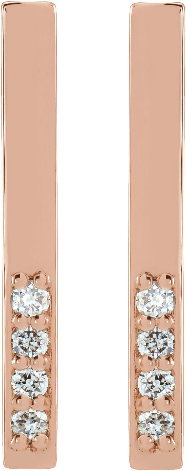 14K Gold Round Natural Diamond Accented Bar Earrings – 1.3mm Stones - Rose Gold - view 2