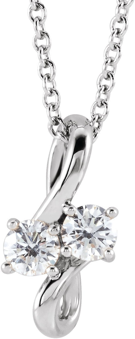 14K Gold Round Natural Diamond Two-Stone Bypass Necklace or Pendant - White Gold