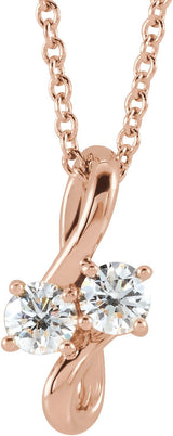 14K Gold Round Natural Diamond Two-Stone Bypass Necklace or Pendant - Rose Gold