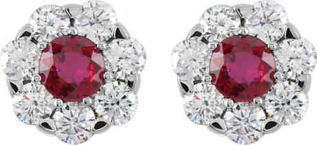 14K Gold Round Natural Ruby Cluster Earrings - view 2