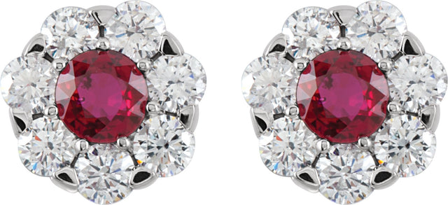 14K Gold Round Natural Ruby Cluster Earrings - view 2