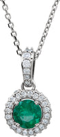 Platinum Round Natural Emerald Halo-Style Necklace