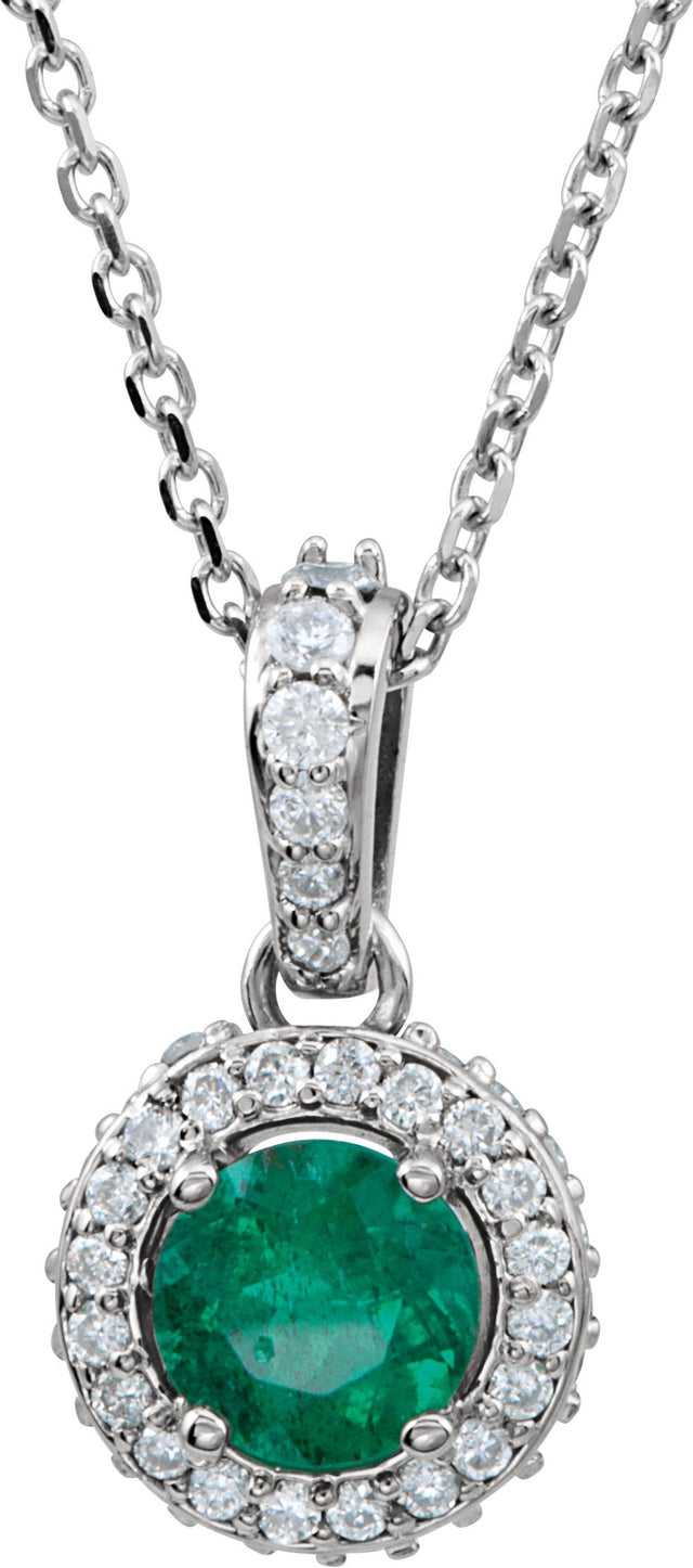 14K Gold Round Natural Emerald Halo-Style Necklace