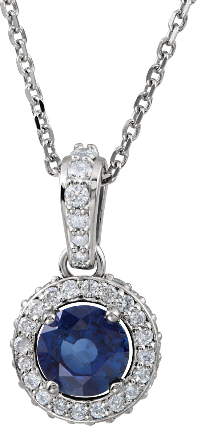 14K Gold Round Natural Blue Sapphire Halo-Style Necklace