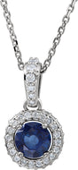 14K Gold Round Natural Blue Sapphire Halo-Style Necklace