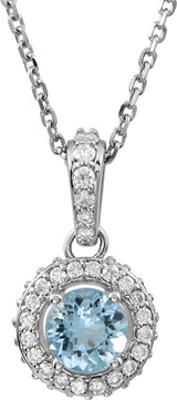14K Gold Round Natural Aquamarine Halo-Style Necklace