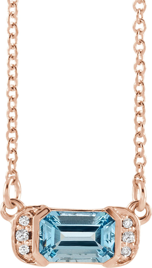 14K Gold Emerald Natural Aquamarine Accented Bar Necklace - Rose Gold