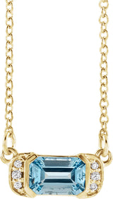 14K Gold Emerald Natural Aquamarine Accented Bar Necklace - Yellow Gold