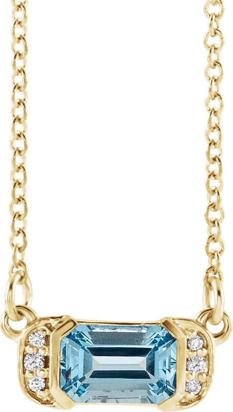 14K Gold Emerald Natural Aquamarine Accented Bar Necklace - Yellow Gold