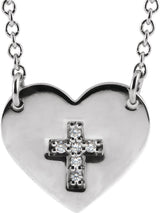14K Gold Round Natural Diamond Heart & Cross Necklace - White Gold
