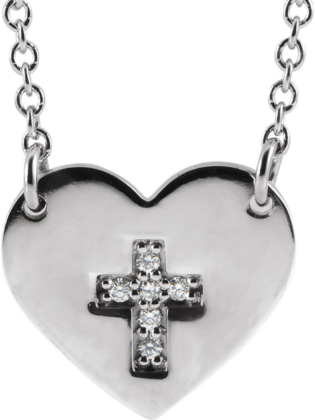 14K Gold Round Natural Diamond Heart & Cross Necklace - White Gold