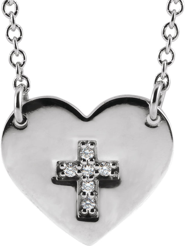 14K Gold Round Natural Diamond Heart & Cross Necklace - White Gold
