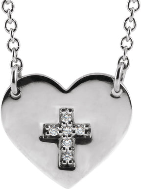 Platinum Round Natural Diamond Heart & Cross Necklace