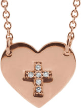 14K Gold Round Natural Diamond Heart & Cross Necklace - Rose Gold