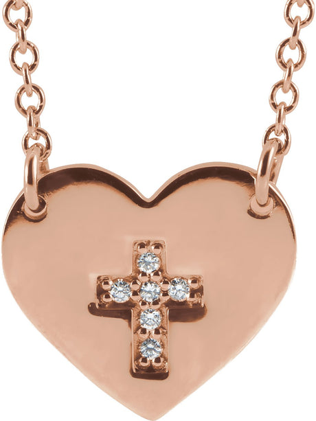 14K Gold Round Natural Diamond Heart & Cross Necklace - Rose Gold