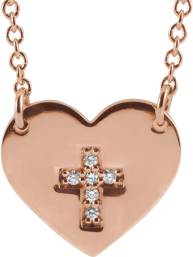 14K Gold Round Natural Diamond Heart & Cross Necklace - Rose Gold