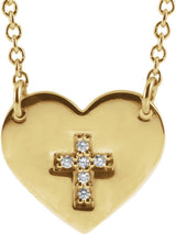 14K Gold Round Natural Diamond Heart & Cross Necklace - Yellow Gold