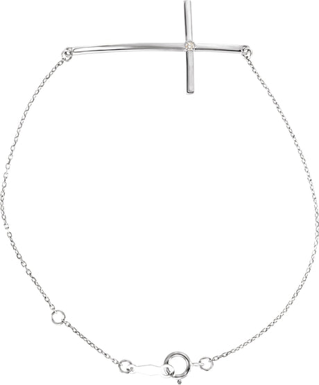 14K Gold Round Natural Diamond Accented Sideways Cross Bracelet - White Gold