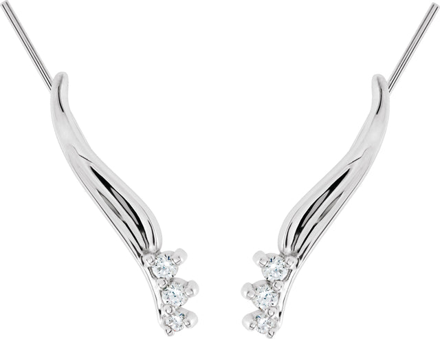 14K Gold Round Natural Diamond Three-Stone Ear Climbers - White Gold - view 2
