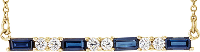 14K Gold Straight Baguette Natural Blue Sapphire Accented Bar Necklace - Yellow Gold