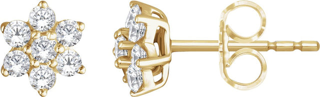 14K Gold Round Natural Diamond Flower Earrings - Yellow Gold