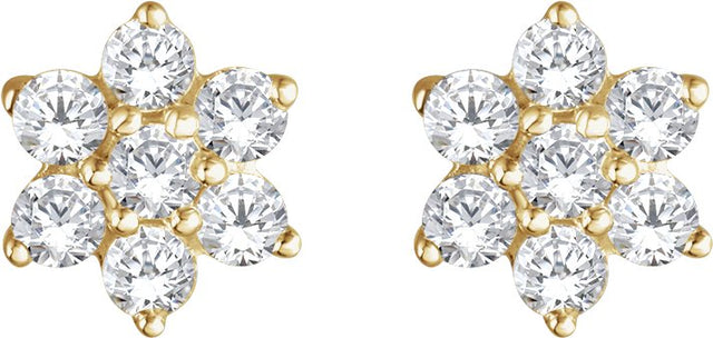 14K Gold Round Natural Diamond Flower Earrings - Yellow Gold - view 2
