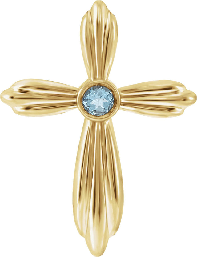 14K Gold Round Natural Aquamarine Bezel-Set Cross Necklace or Pendant - Yellow Gold
