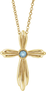 14K Gold Round Natural Aquamarine Bezel-Set Cross Necklace or Pendant - Yellow Gold