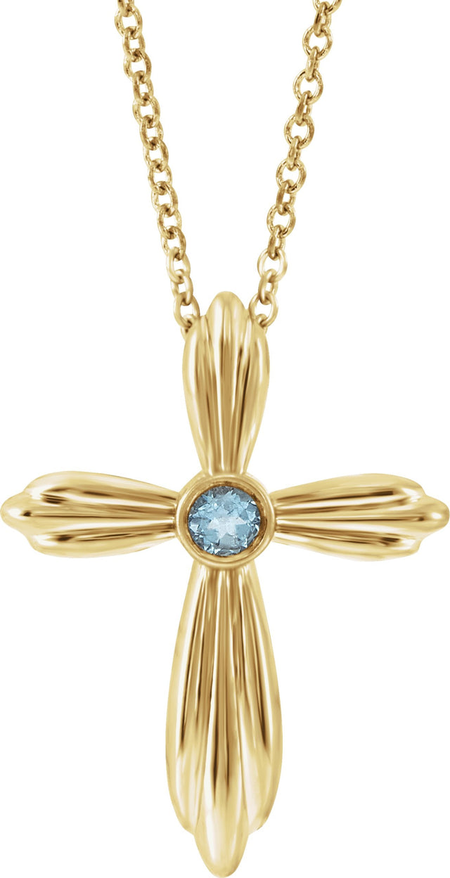 14K Gold Round Natural Aquamarine Bezel-Set Cross Necklace or Pendant - Yellow Gold