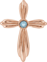 14K Gold Round Natural Aquamarine Bezel-Set Cross Necklace or Pendant - Rose Gold