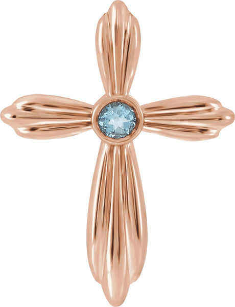 14K Gold Round Natural Aquamarine Bezel-Set Cross Necklace or Pendant - Rose Gold
