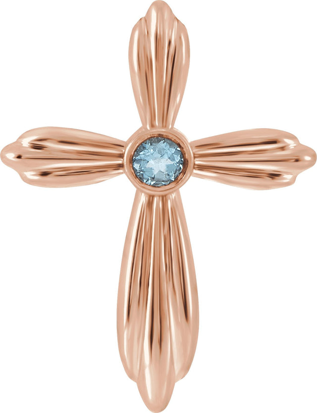 14K Gold Round Natural Aquamarine Bezel-Set Cross Necklace or Pendant - Rose Gold