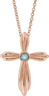 14K Gold Round Natural Aquamarine Bezel-Set Cross Necklace or Pendant - Rose Gold