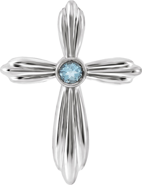 14K Gold Round Natural Aquamarine Bezel-Set Cross Necklace or Pendant - White Gold