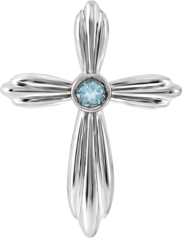 14K Gold Round Natural Aquamarine Bezel-Set Cross Necklace or Pendant - White Gold