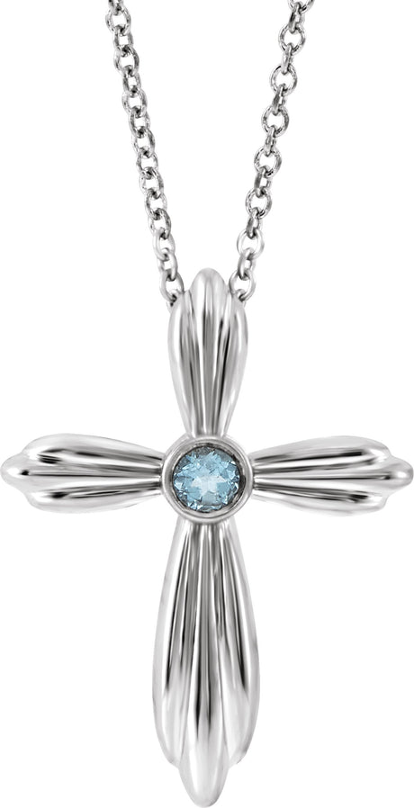 Platinum Round Natural Aquamarine Bezel-Set Cross Necklace or Pendant