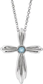 Platinum Round Natural Aquamarine Bezel-Set Cross Necklace or Pendant
