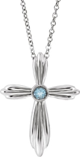 14K Gold Round Natural Aquamarine Bezel-Set Cross Necklace or Pendant - White Gold