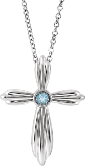14K Gold Round Natural Aquamarine Bezel-Set Cross Necklace or Pendant - White Gold