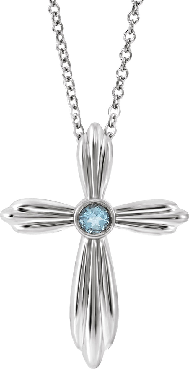 14K Gold Round Natural Aquamarine Bezel-Set Cross Necklace or Pendant - White Gold
