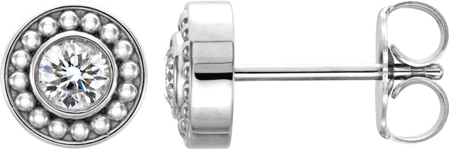 Platinum Round Natural Diamond Bezel-Set Beaded Earrings